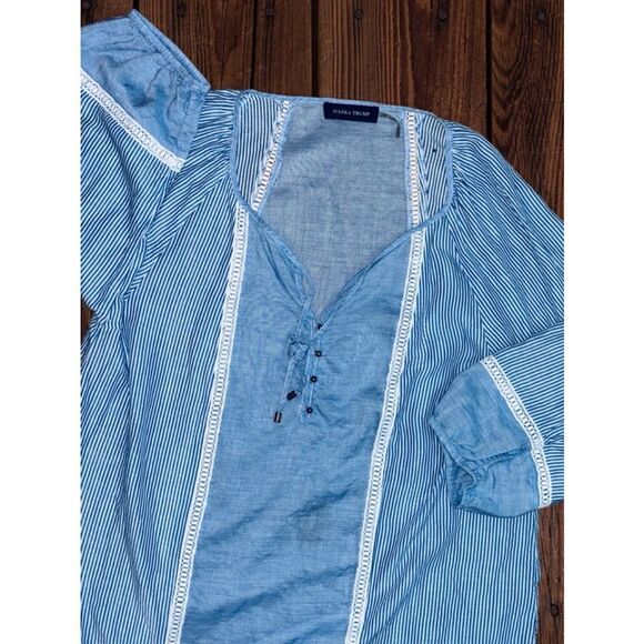 Ivanka Trump Women’s Sz. Large Blue White Striped Relaxed Fit Puff Sleeve Blouse - Picture 9 of 12